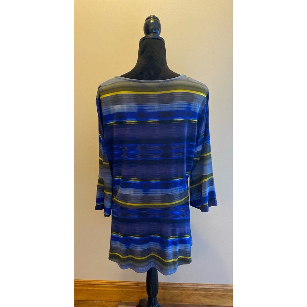 Ellen Tracy Blouse Sz Large Top Blue Green Bell Sleeves Flare Bottom + Stretch - Picture 5 of 10